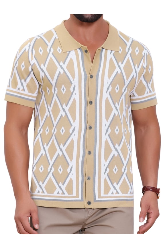 Men's Argyle Polo Shirt Casual Short Sleeve Plaid Knitted Shirts L Khaki