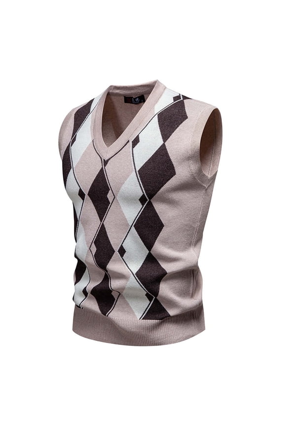 Men's Argyle Sweater Vest - Bosfbaoi Winter Fleece Lined Knit Pullover, V-Neck Sleeveless with Stretch Fit, Gray Pattern Ideal for Layering, Mens Classic Pullover Vest