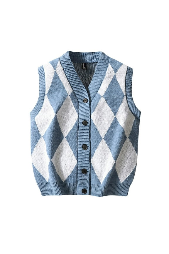 Men's Argyle Sweater Vest Button V Neck Fall Cardigan Casual Sleeveless Knitted Houndstooth Jumper Tops