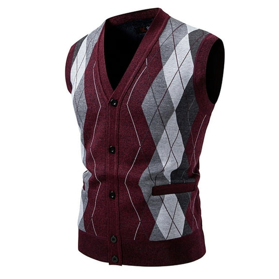 Men's Argyle Sweater Vest - Vintage Preppy Style Button Down V Neck Sleeveless Casual Slim Fit Knitted Cardigan Vest