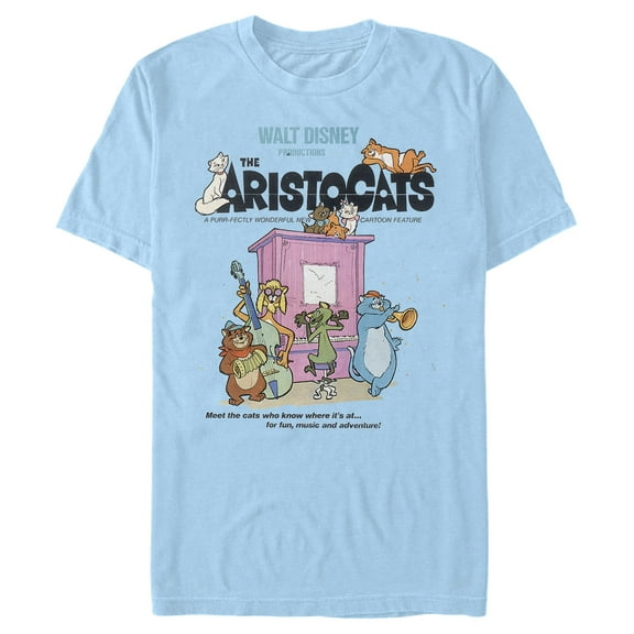 Men's Aristocats Movie Poster Meet The Cats  Graphic Tee Light Blue Small