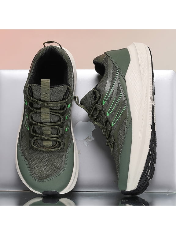 Men's Army Green Mesh Lace Up Platform Casual Walking Sneakers, Breathable Non-Slip Wear Resistant Wide Toe Outdoor Hiking Gym Footwear