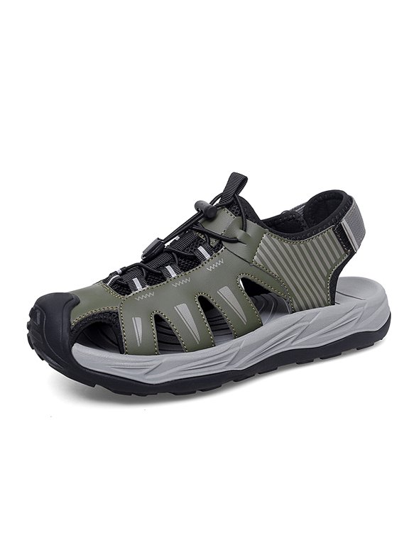 Men's Army Green Striped Closed Toe Outdoor Sport Sandals, Quick Dry Non-Slip Trekking Beach Sandals