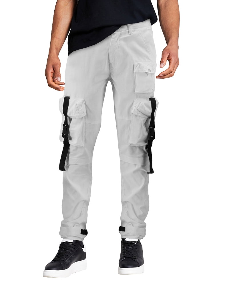 Men's Army Utility Pants Strapping Push Buckle Slim Taper Fit Cargo Pants  (White, 40x34)