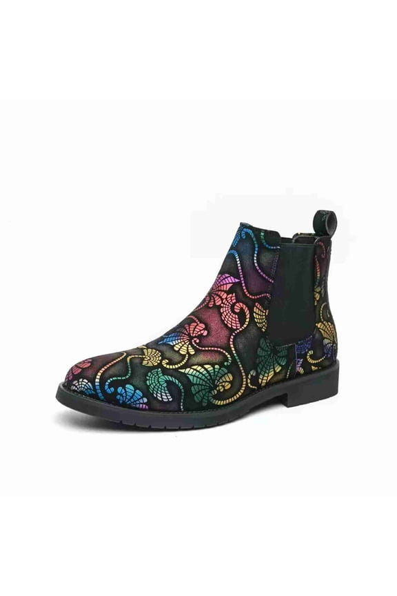 Men's Artistic Print Chelsea Boots Colorful Floral Pattern Slip-On Ankle Boots with Elastic Side Panels Western cowboy boots