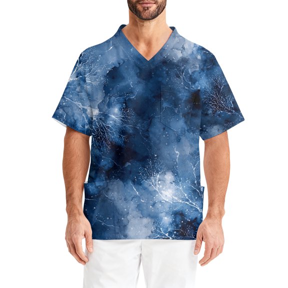 Men's Artistic Texture Print Short Sleeve V-Neck Chest Pocket Caregiver Blouse, Unique Pattern Work Uniform for Medical Use,Blue,M