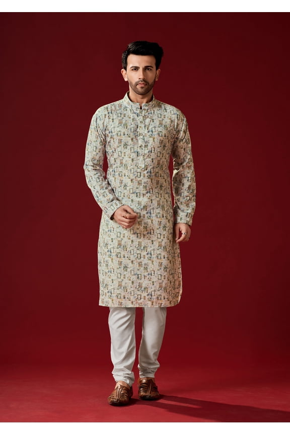 Men's Ash Grey Color Indian Traditional Wear Tunic Cotton Kurta Pajama Set