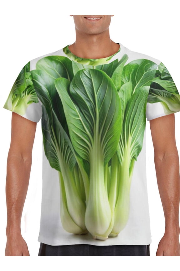 Men's Asian Vegetable Print T-Shirt - Cabbage & Broccoli Leaf Short Sleeve Crew Neck Shirt, Machine Washable Comfortable Durable Fabric Suitable for Themed Events