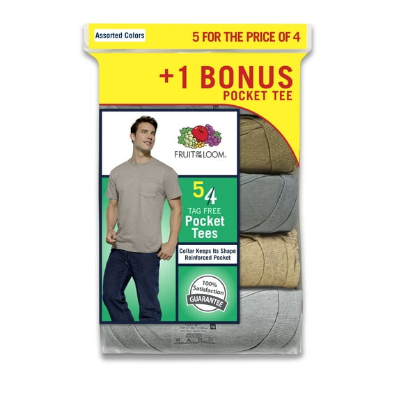 Men's Assorted Color Pocket T-Shirts, 4+1 Bonus Pack