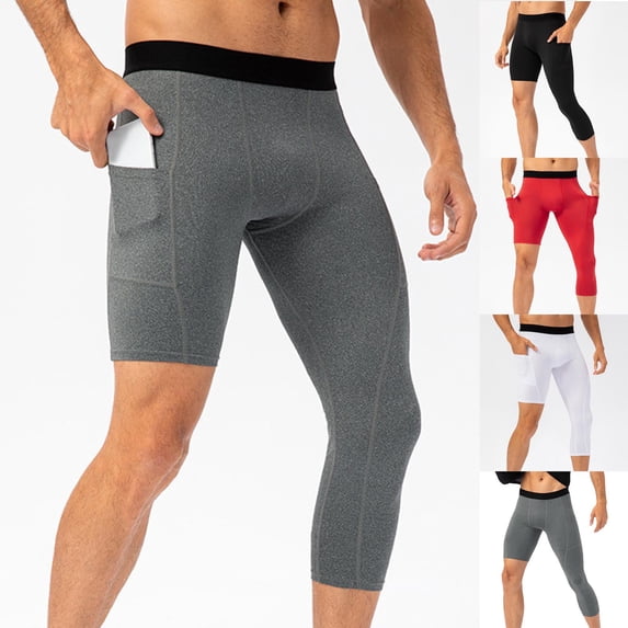 Men's Asymmetrical Compression Tights Single Leg Capri 7" Inseam Short Pants 3/4 Length Workout Bottoms Moisture Wicking Base Layer for Yoga Training with Pockets