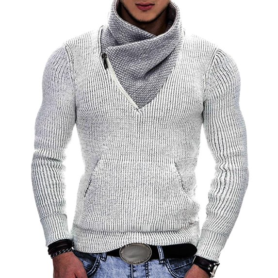 Men's Asymmetrical Zip Knit Sweater High Neck Long Sleeve Slim Fit Pullover