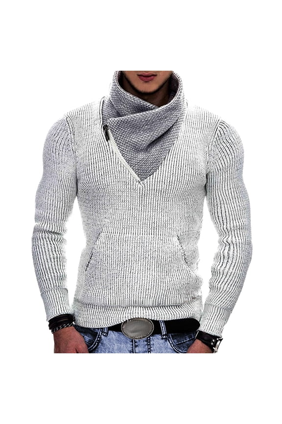 Men's Asymmetrical Zip Knit Sweater High Neck Long Sleeve Slim Fit Pullover