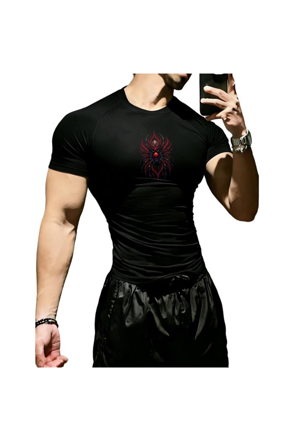 Men's Athletic Compression Shirt Gothic Graphic Compression Shirt Round Neck Short Sleeve Gym Quick Dry Lightweight Workout Tee