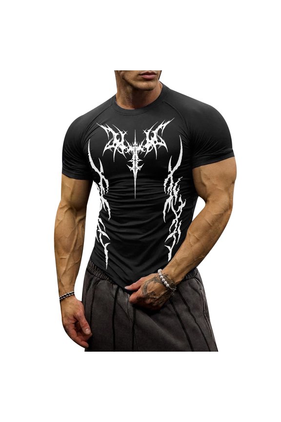 Men's Athletic Compression Shirt Gothic Graphic Compression Shirt Round Neck Short Sleeve Gym Quick Dry Lightweight Workout Tee