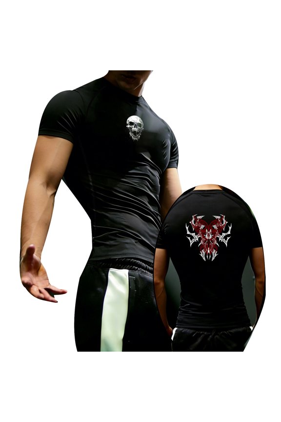 Men's Athletic Compression Shirt Gothic Graphic Compression Shirt Round Neck Short Sleeve Gym Quick Dry Lightweight Workout Tee