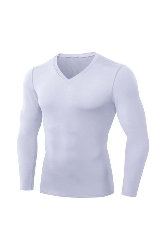 Men's Athletic Compression Shirt - V Neck Long Sleeve Workout Running Base Layer Tops Cool Dry T-Shirt Gym Undershirts