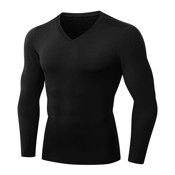 Men's Athletic Compression Shirt - V Neck Long Sleeve Workout Running Base Layer Tops Cool Dry T-Shirt Gym Undershirts