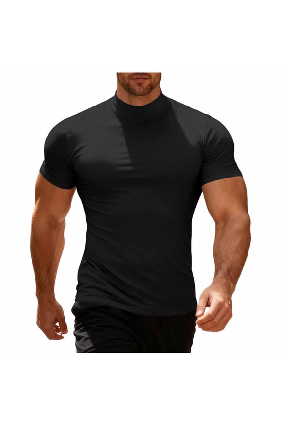 Men's Athletic Compression Shirts Short Sleeve Mock Turtleneck Undershirts Solid Workout Bodybuilding Fitness Tops