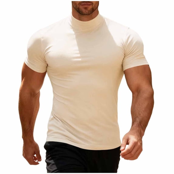 Men's Athletic Compression Shirts Short Sleeve Mock Turtleneck Undershirts Solid Workout Bodybuilding Fitness Tops