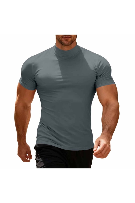Men's Athletic Compression Shirts Short Sleeve Mock Turtleneck Undershirts Solid Workout Bodybuilding Fitness Tops