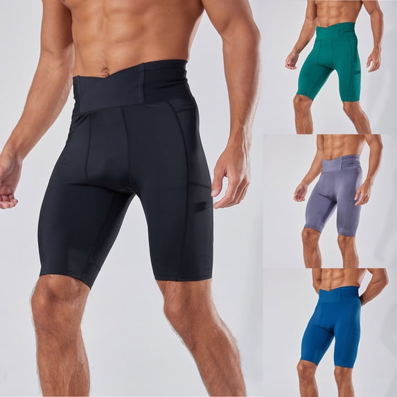 Men's Athletic Compression Shorts 9" Inseam Muscle Fit Workout Short Pants with Pockets Crossover Waistband Performance Activewear for Fitness Training Bodybuilding