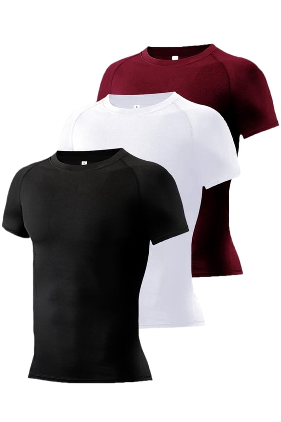 Men's Athletic Compression T-Shirts 3-Pack - Moisture-Wicking Crew Neck Short Sleeve Tops for Running & Sports