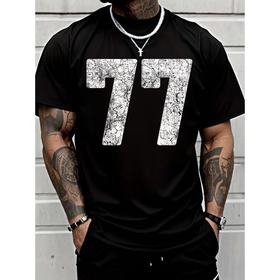 Men's Athletic Distressed Graphic Number 77 Streetwear T-Shirt