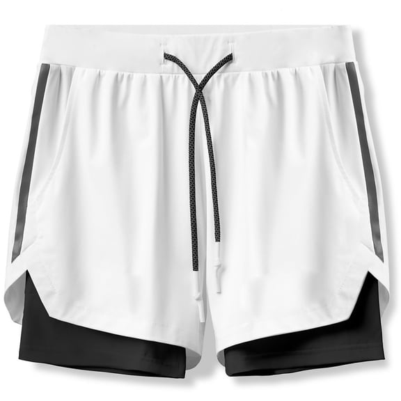 Men's Athletic Double-Deck Shorts Gym Workout Training Fifth Pants Casual Bodybuilding Running Sport Pockets with Halter