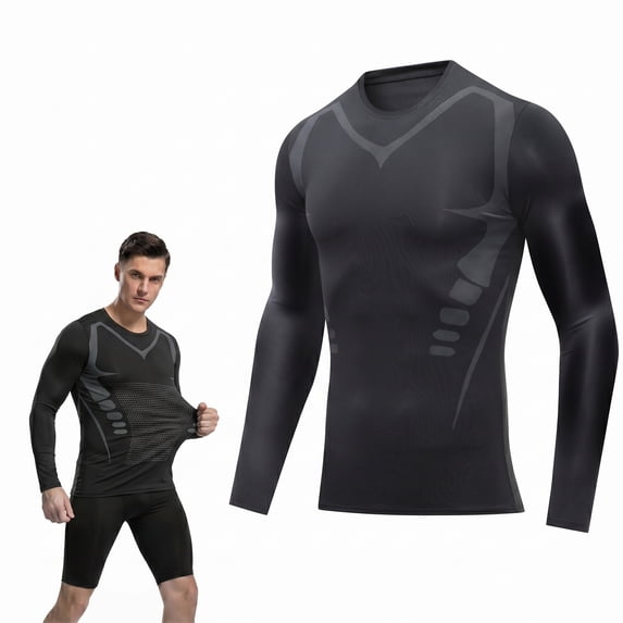 Men's Athletic Fit Rash Guard Long Sleeve Crew Neck Sun Protection Quick Dry Polyester Swimming Surfing Beach Tops, Black, L