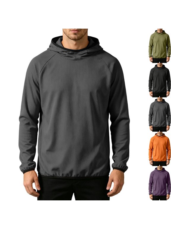 Men's Athletic Grid Textured Hoodie Neck Gaiter Quick Dry Breathable Pullover Hooded Midlayer Sweatshirt for Outdoor Sports Workout Running, Dark Gray, M