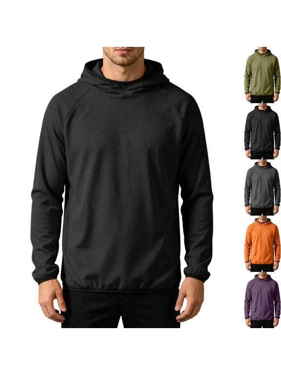 Men's Athletic Grid Textured Hoodie Neck Gaiter Quick Dry Breathable Pullover Hooded Midlayer Sweatshirt for Outdoor Sports Workout Running, Black, L