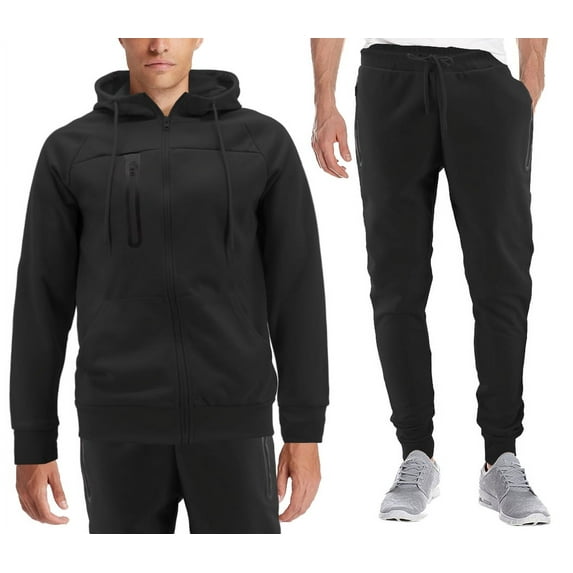 Men's Athletic Gym Sport Casual Running Jogging Sweat Hooded Tracksuit Set (Black, 3XL)