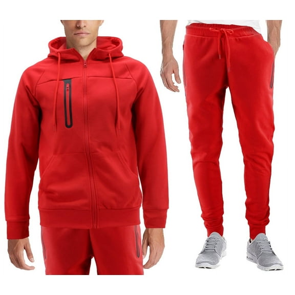 Men's Athletic Gym Sport Casual Running Jogging Sweat Hooded Tracksuit Set (Red, L)