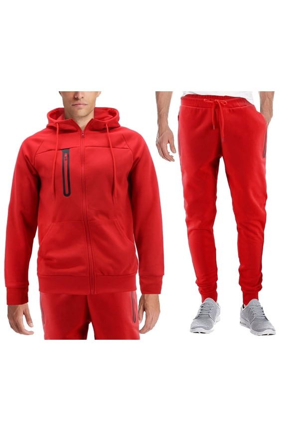Men's Athletic Gym Sport Casual Running Jogging Sweat Hooded Tracksuit Set (Red, L)