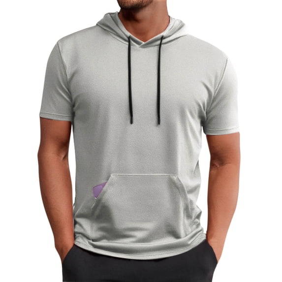 Men's Athletic Hoodie, Short Sleeve Workout Top with Hood and Pocket, Breathable Running Gym Shirt, Adjustable Drawstring Hem
