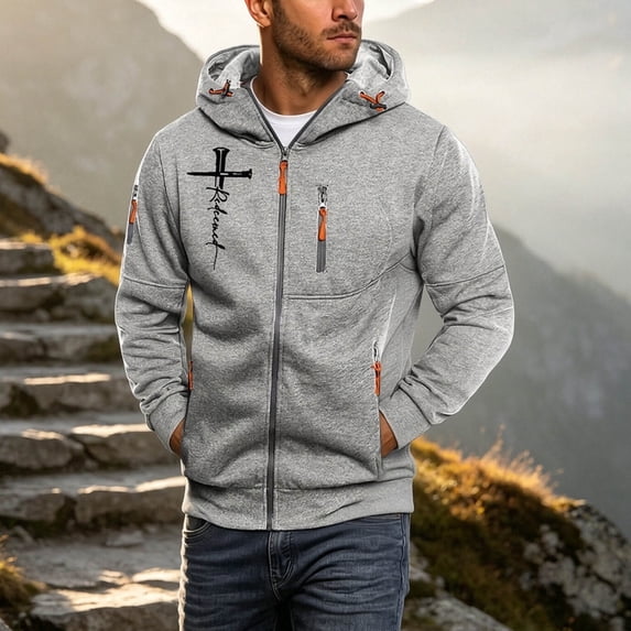 Men's Athletic Hoodies Solid Color Long Sleeve Zip Up Sweatshirt With Pockets Thick Casual Cross Letter Print Fleece Jacket for Daily Travel Outdoor