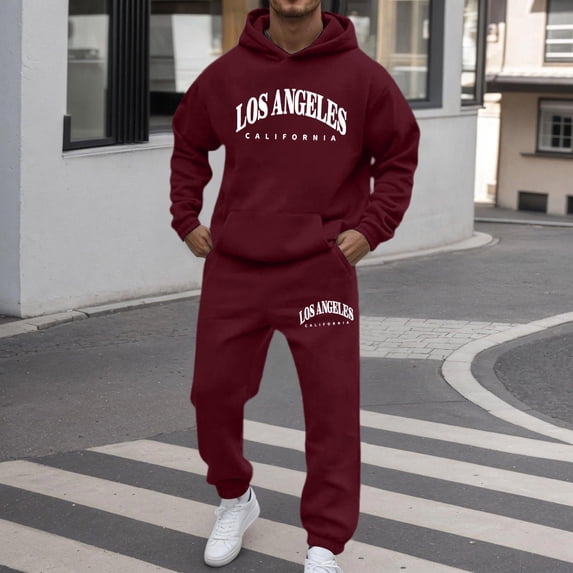 Men's Athletic Jogging Tracksuit 2 Piece Sweatsuit Fleece Hoodies with Pocket Ankle Cuffed Graphic Sweatpants Casual Fall Outfits Wine M