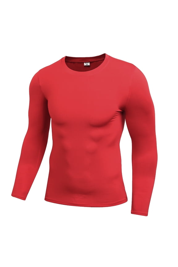Men's Athletic Long Sleeve Compression Shirts Base-Layer Quick Dry Workout T Shirts Football Running Tops Red Size XL