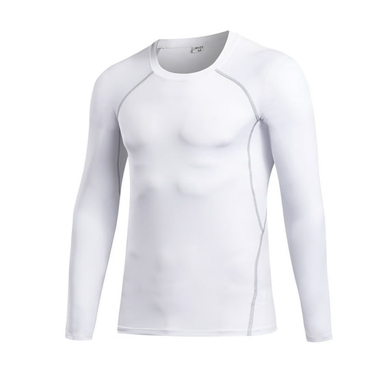 Men's Athletic Long Sleeve Compression Shirts Base-Layer Quick Dry Workout T Shirts Football Running Tops White Size S