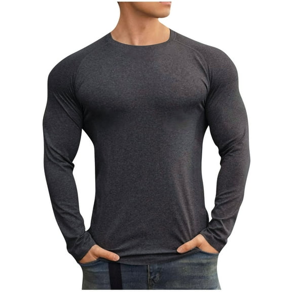Men's Athletic Long Sleeve Shirts Gym Workout Slim Fit T-Shirt Elastic Solid Color Baselayer Tops