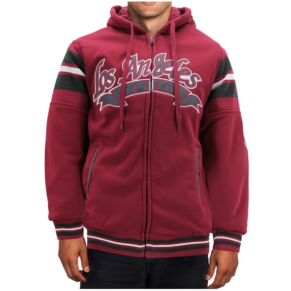 Men's Athletic Los Angeles Varsity Sherpa Fleece Lined LA Zip Up Hoodie Jacket (Burgundy, 3XL)