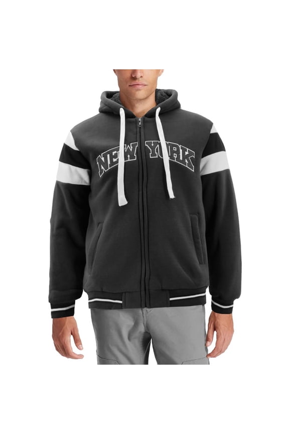 Men's Athletic New York Varsity Sherpa Fleece Lined NYC Zip Up Hoodie Jacket (Black, 2XL)