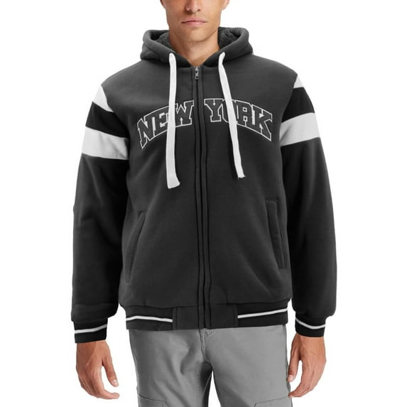 Men's Athletic New York Varsity Sherpa Fleece Lined NYC Zip Up Hoodie Jacket (Black, XL)