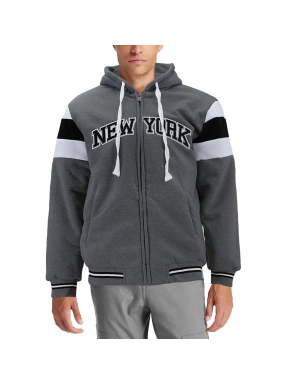 Men's Athletic New York Varsity Sherpa Fleece Lined NYC Zip Up Hoodie Jacket (Dark Grey, M)