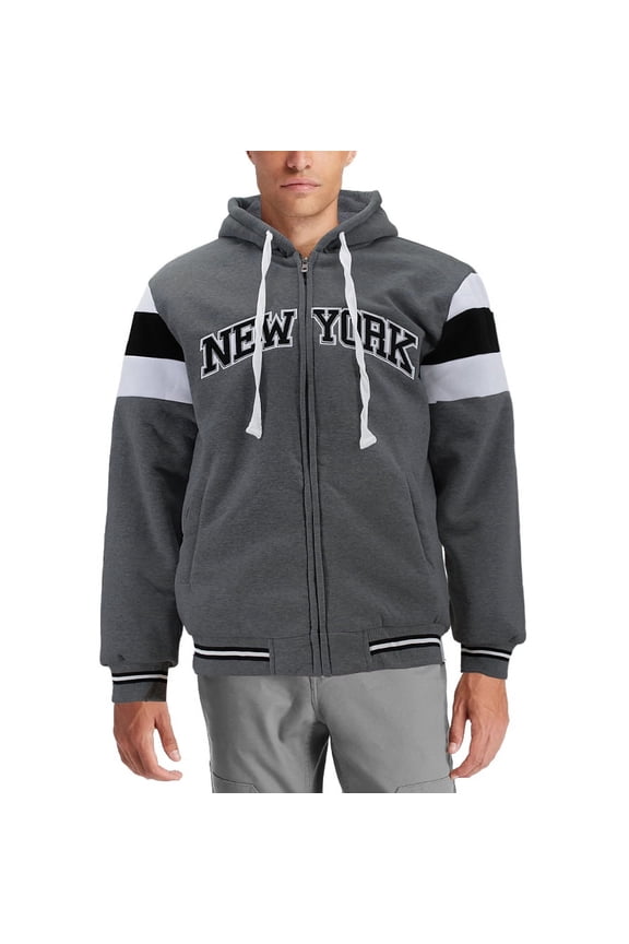 Men's Athletic New York Varsity Sherpa Fleece Lined NYC Zip Up Hoodie Jacket (Dark Grey, XL)