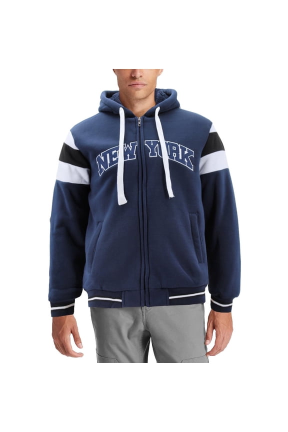 Men's Athletic New York Varsity Sherpa Fleece Lined NYC Zip Up Hoodie Jacket (Navy, XL)