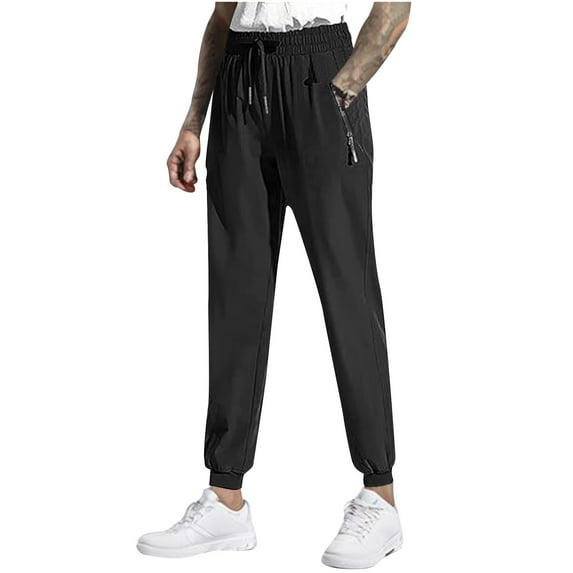 ZQUUVOU Men's Athletic Pants Lightweight Running Jogger Zipper Pocket Solid Color Elastic Waist Drawstring Cropped Pants Black