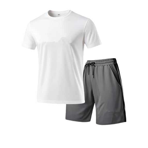 Men's Athletic Sets Solid Casual Sports Round Neck Pullover Short Sleeve Blouse Elastic Waist Pockets Short Pants L