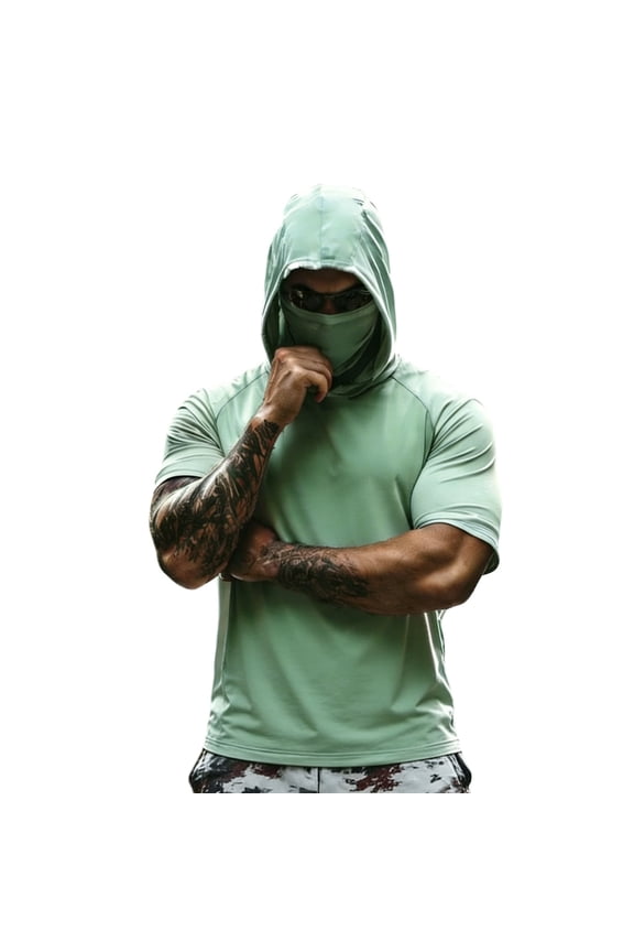 Men's Athletic Short Sleeve Hoodie with Built-in Face Mask, Quick Dry Performance Shirt, Summer Casual Slim Fit Workout Top for Fishing Cycling Running Bodybuilding Fitness
