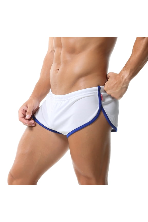 Men's Athletic Short Split Side Booty Short Bottoms for Running Gym Workout with Pouch(L,White)